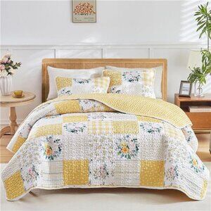 3 Pieces Floral Patchwork Quilt Set Queen, Yellow n White Flowers